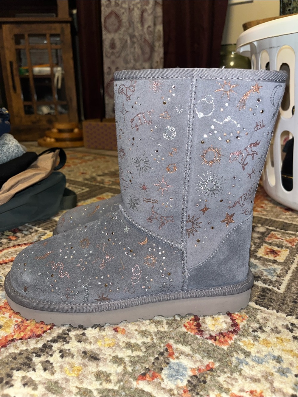 UGG Gray Suede Winter Boots with Rose Gold and Silver Star Accents